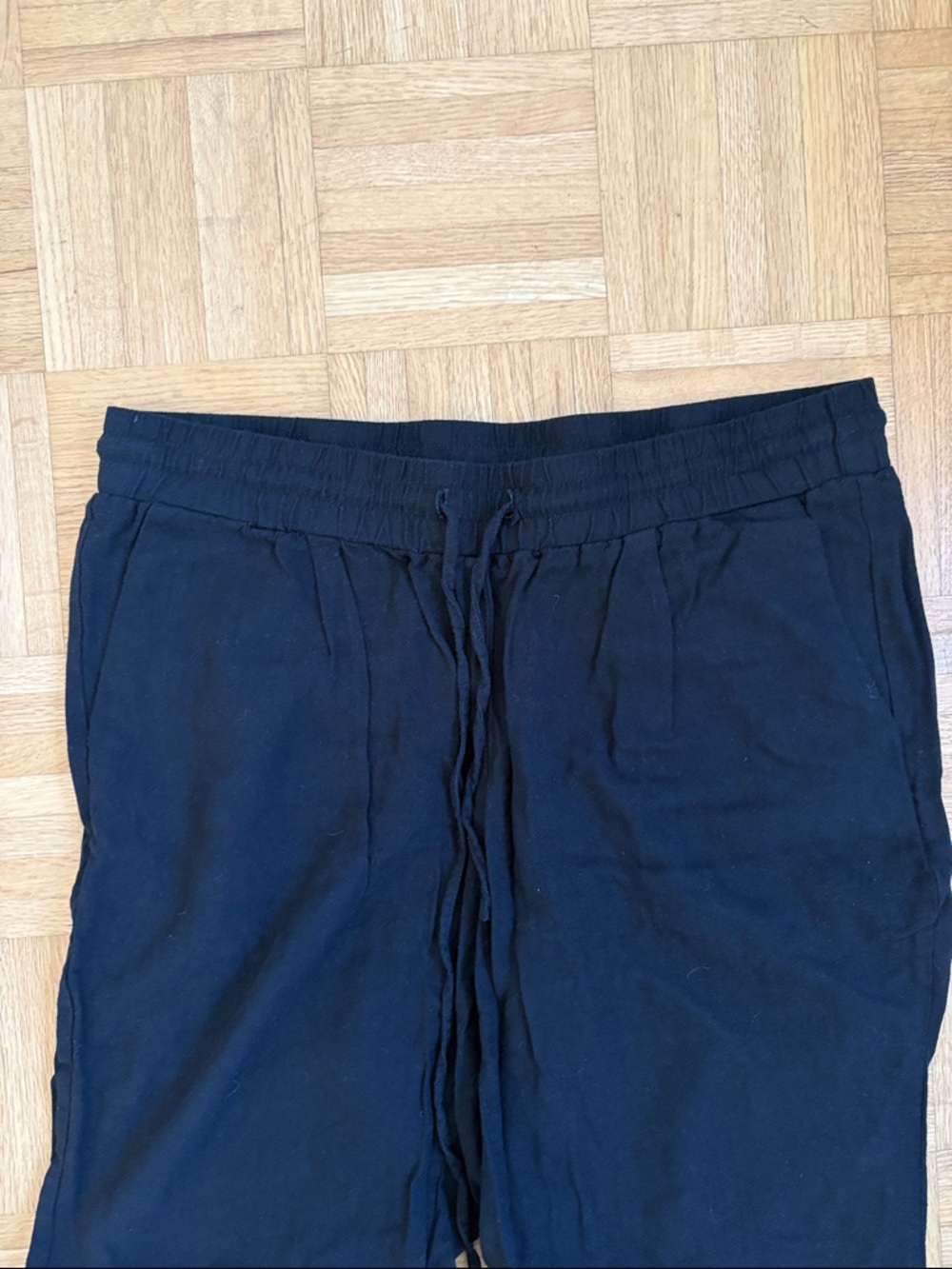 Black Linen Blend Casual Drawstring Pants - Picture 2 of 6